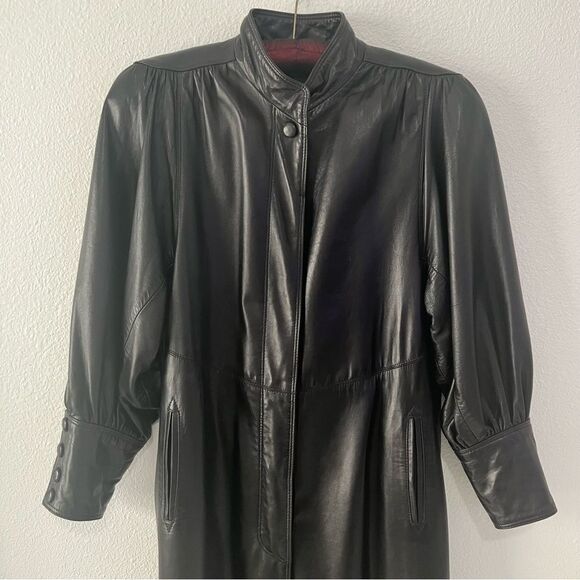 Vtg 80s Leather Coat Long Goth Whimsigoth Full Length Shoulder Pad Victorian L - Picture 6 of 15